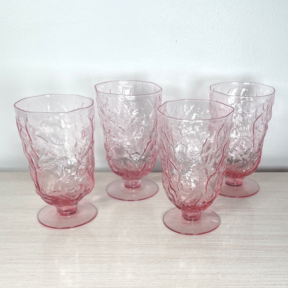 Seneca Driftwood Water Glasses Rose Pink Crinkle Bark Footed Retro FOUR Vtg (#2)